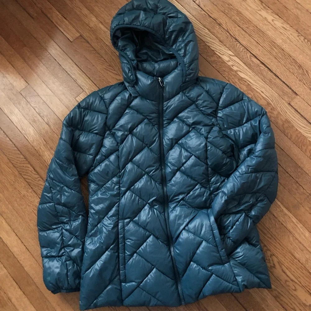 LONDON FOG Light weight packable down coat womens medium teal removable hood - Picture 2 of 9